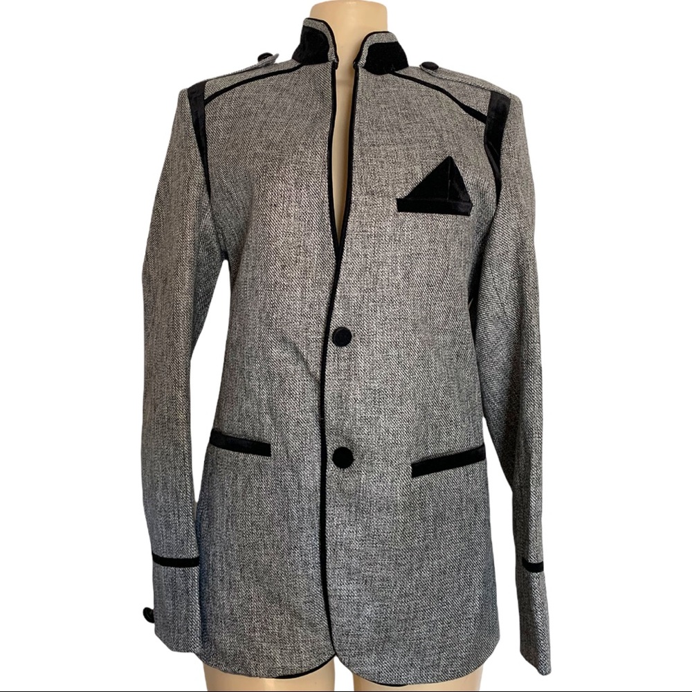 Velvet Custom Fitted Single Breasted Two Button Longline Coat Grey Suit Jacket